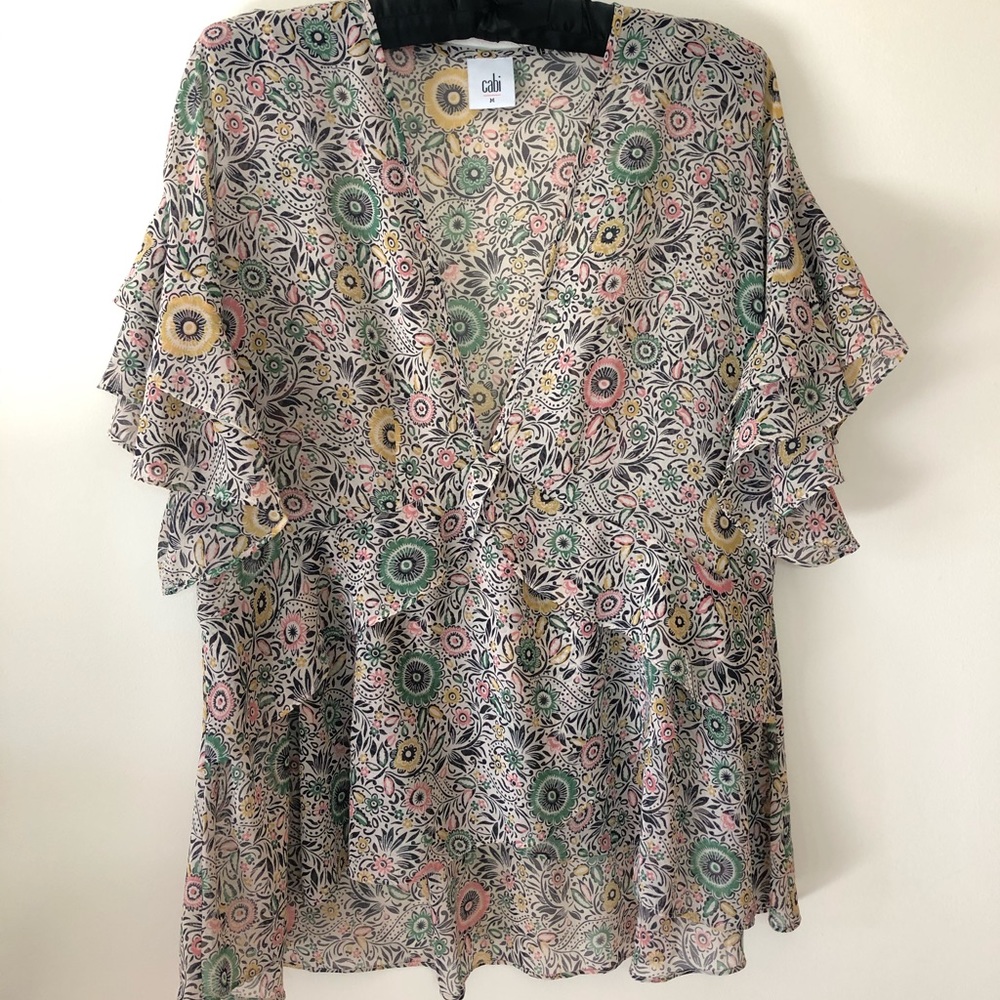 Cabi Poets Blouse 5344 Floral Sheer Ruffle Medium